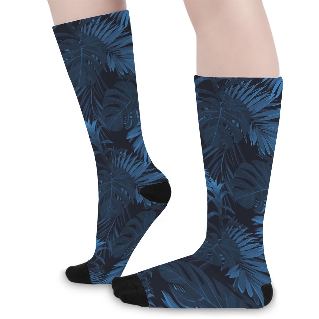 Dark Blue Tropical Leaf Pattern Print Long Socks