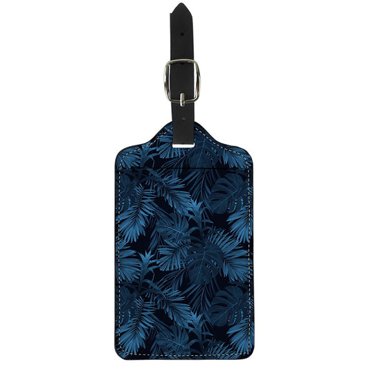 Dark Blue Tropical Leaf Pattern Print Luggage Tag