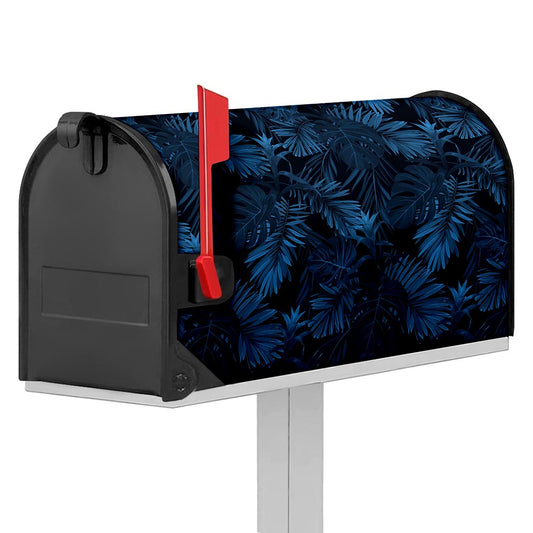 Dark Blue Tropical Leaf Pattern Print Mailbox Cover
