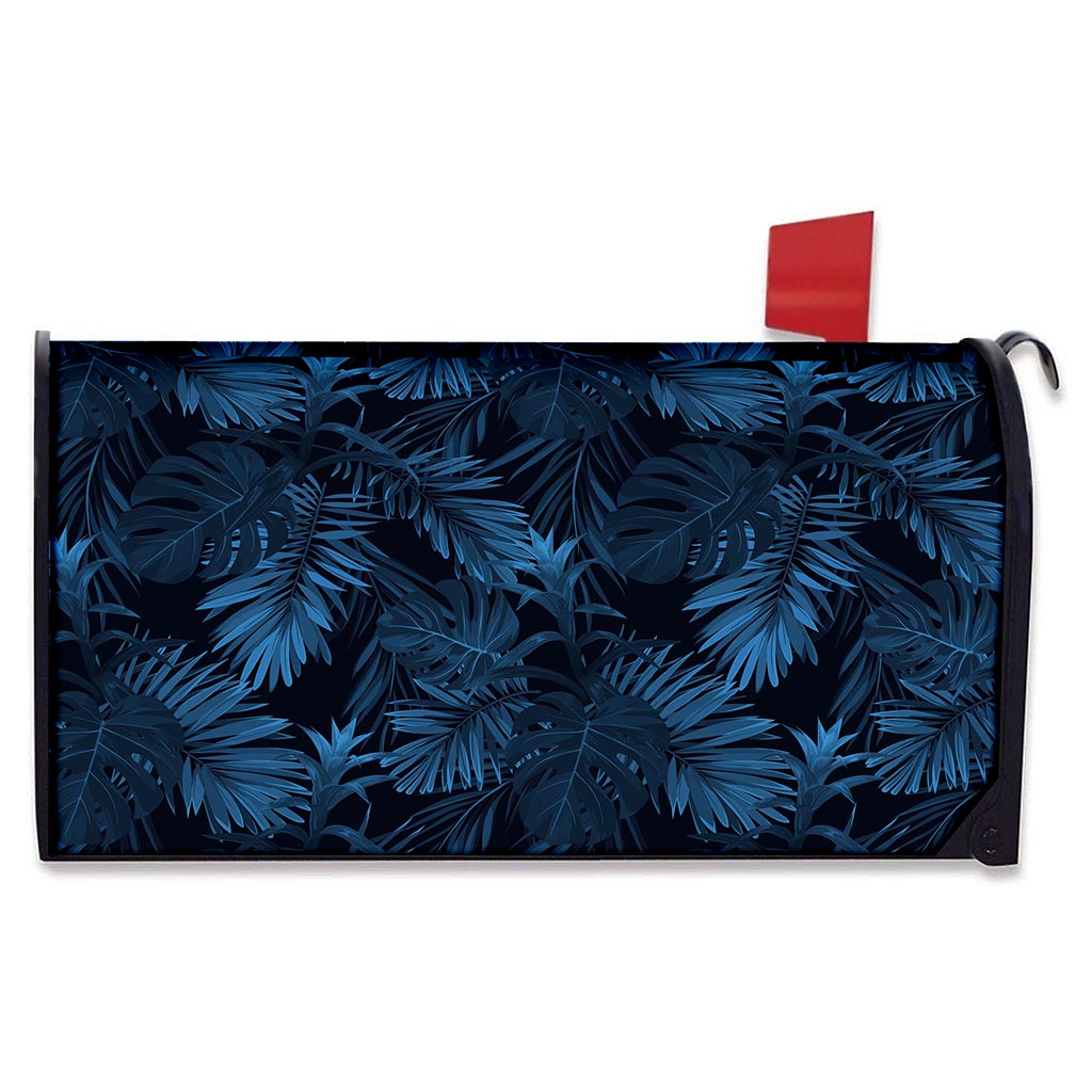 Dark Blue Tropical Leaf Pattern Print Mailbox Cover