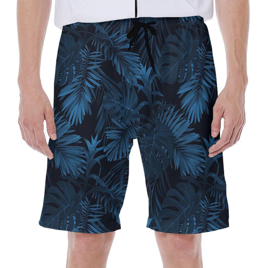 Dark Blue Tropical Leaf Pattern Print Men's Beach Shorts