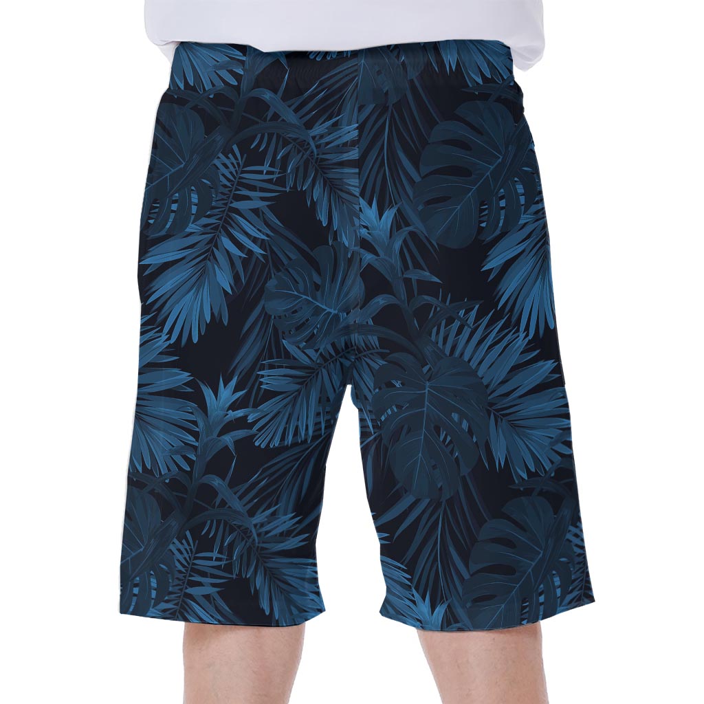 Dark Blue Tropical Leaf Pattern Print Men's Beach Shorts