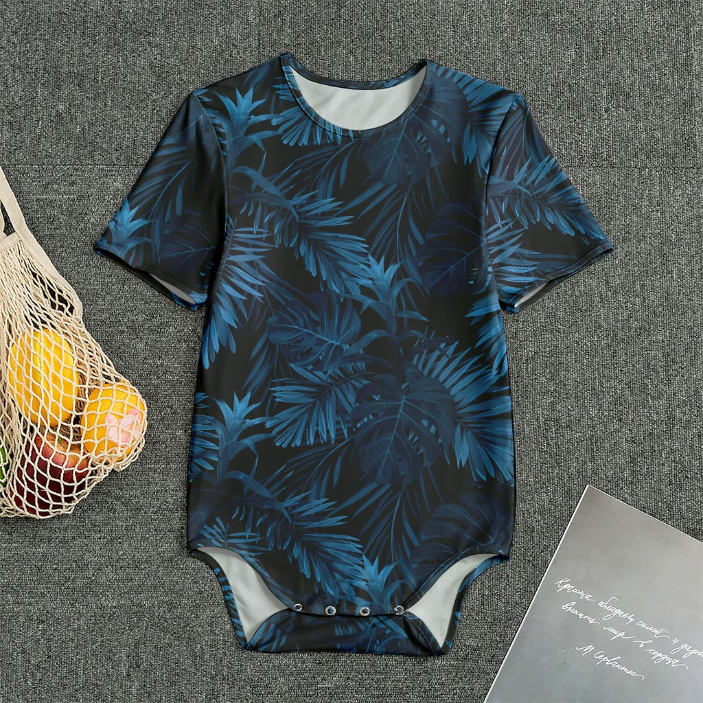 Dark Blue Tropical Leaf Pattern Print Men's Bodysuit