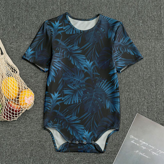 Dark Blue Tropical Leaf Pattern Print Men's Bodysuit