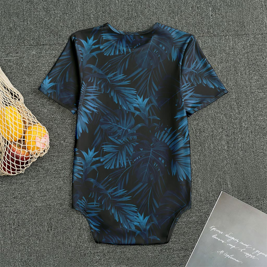 Dark Blue Tropical Leaf Pattern Print Men's Bodysuit