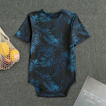 Dark Blue Tropical Leaf Pattern Print Men's Bodysuit