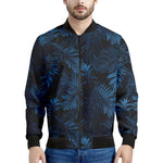Dark Blue Tropical Leaf Pattern Print Men's Bomber Jacket