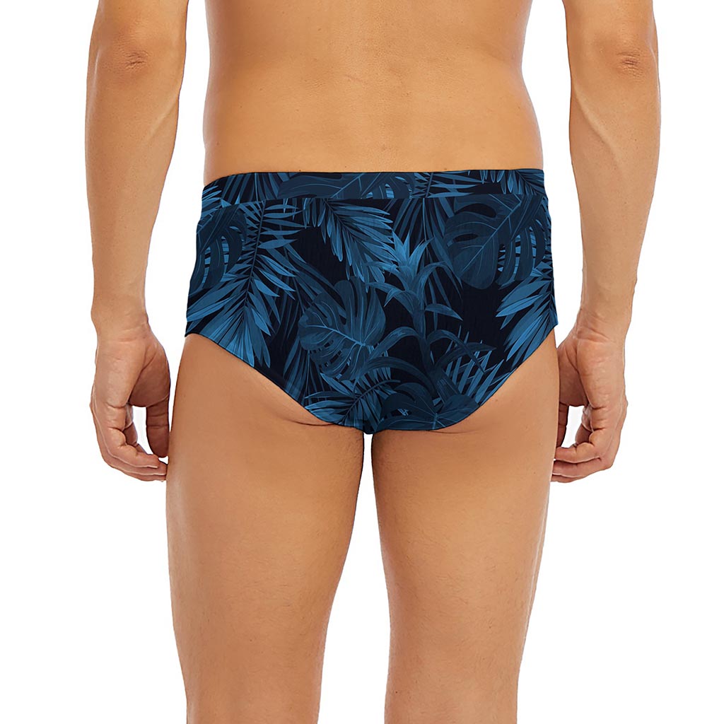 Dark Blue Tropical Leaf Pattern Print Men's Briefs