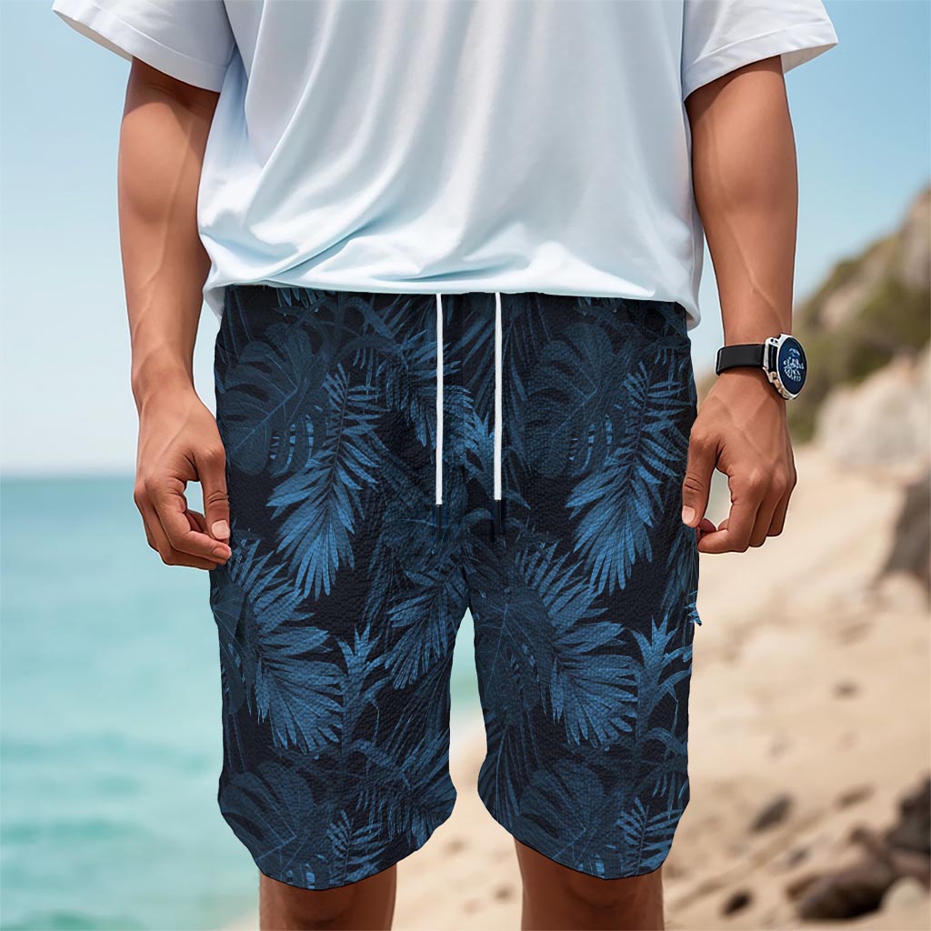 Dark Blue Tropical Leaf Pattern Print Men's Cargo Shorts