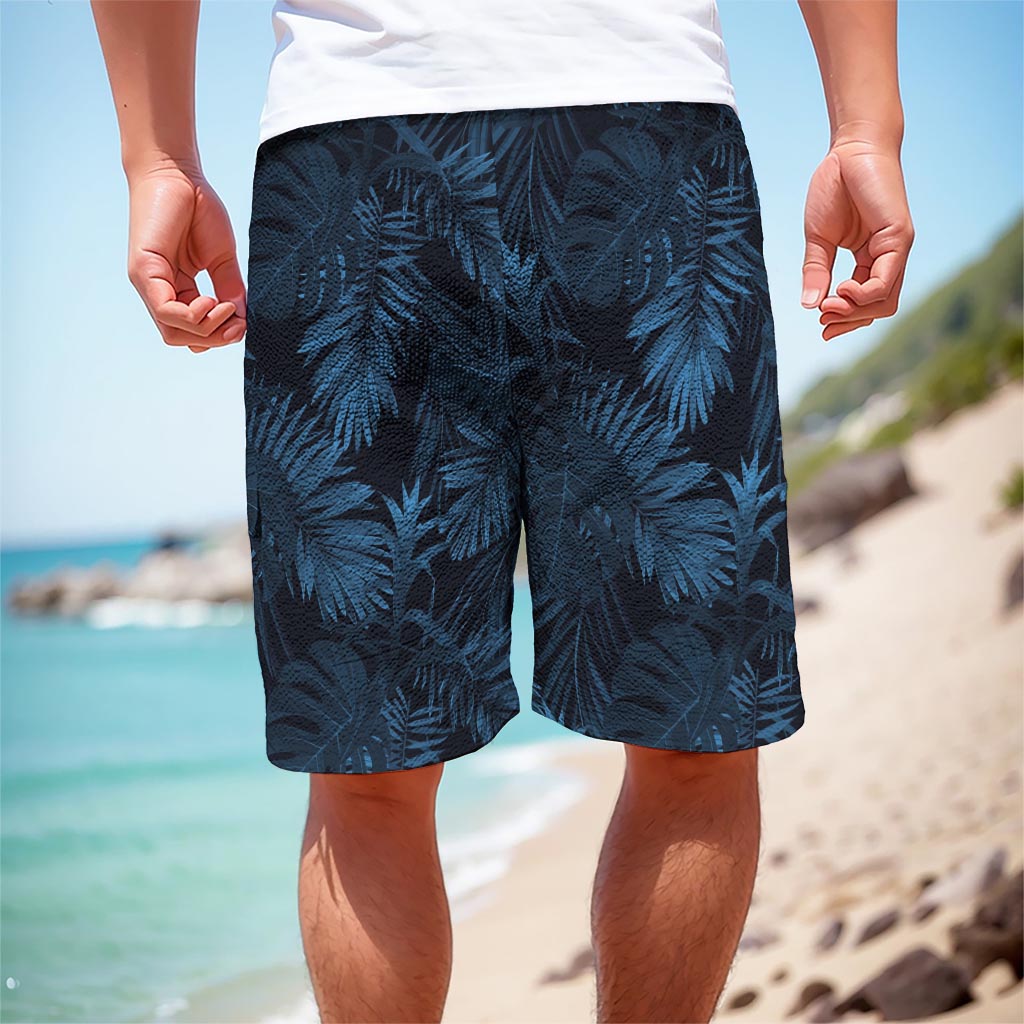 Dark Blue Tropical Leaf Pattern Print Men's Cargo Shorts