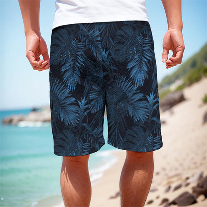 Dark Blue Tropical Leaf Pattern Print Men's Cargo Shorts