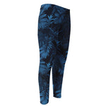 Dark Blue Tropical Leaf Pattern Print Men's Compression Pants