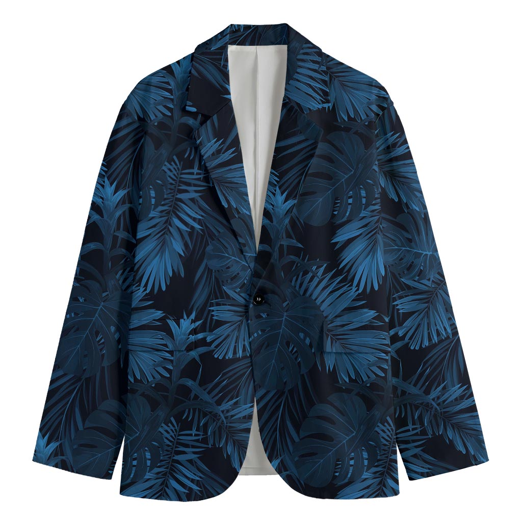 Dark Blue Tropical Leaf Pattern Print Men's Cotton Blazer