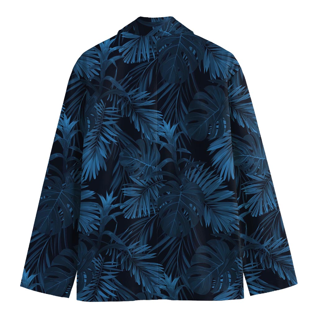 Dark Blue Tropical Leaf Pattern Print Men's Cotton Blazer