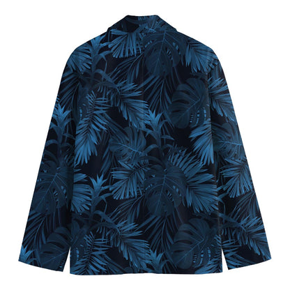 Dark Blue Tropical Leaf Pattern Print Men's Cotton Blazer
