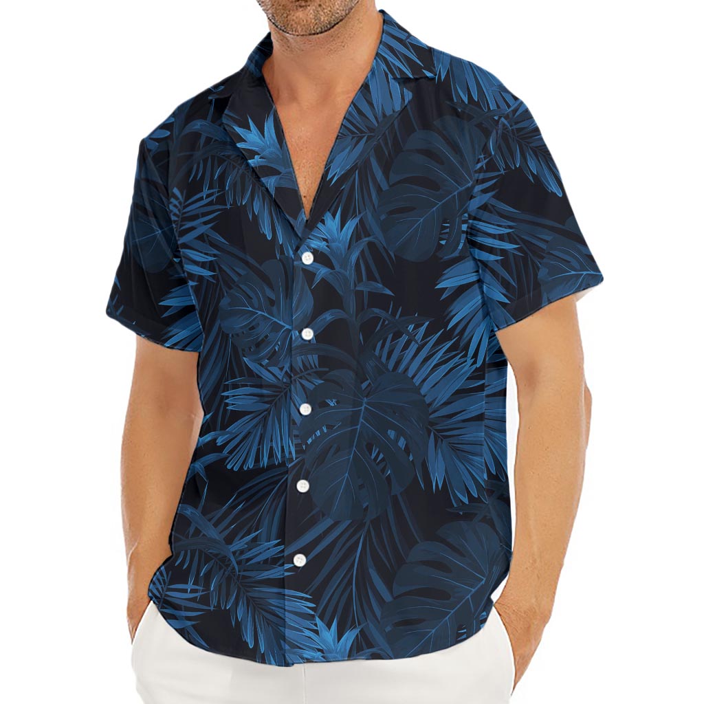 Dark Blue Tropical Leaf Pattern Print Men's Deep V-Neck Shirt