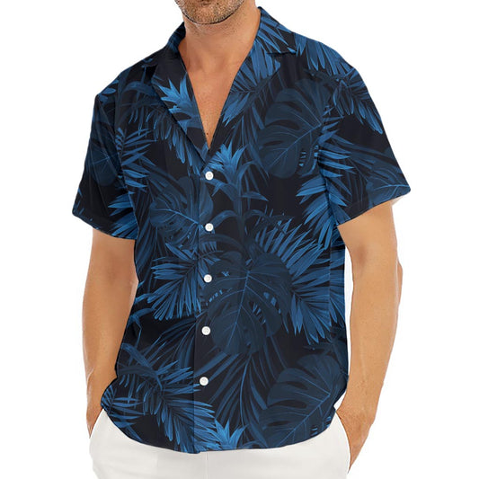 Dark Blue Tropical Leaf Pattern Print Men's Deep V-Neck Shirt