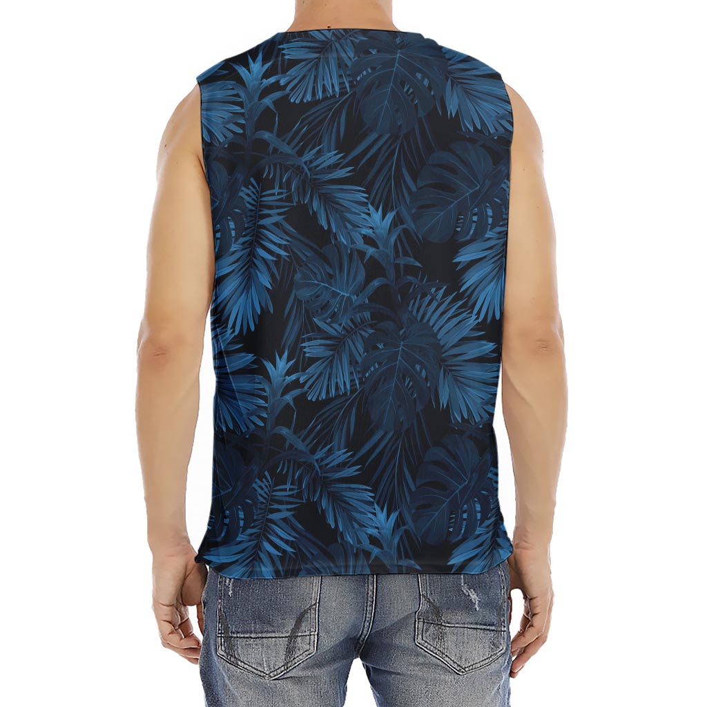 Dark Blue Tropical Leaf Pattern Print Men's Fitness Tank Top