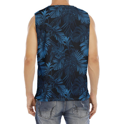 Dark Blue Tropical Leaf Pattern Print Men's Fitness Tank Top