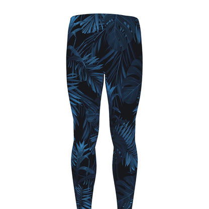 Dark Blue Tropical Leaf Pattern Print Men's leggings