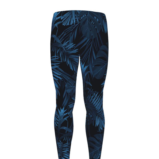 Dark Blue Tropical Leaf Pattern Print Men's leggings