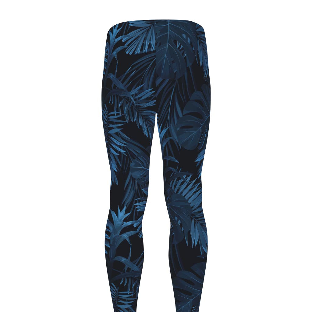Dark Blue Tropical Leaf Pattern Print Men's leggings