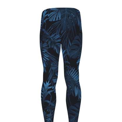 Dark Blue Tropical Leaf Pattern Print Men's leggings