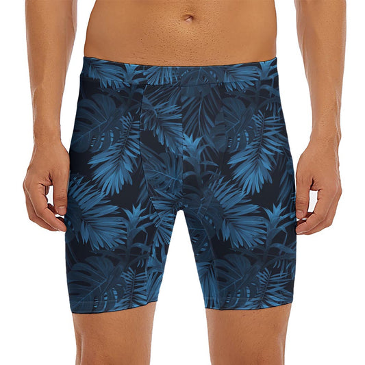 Dark Blue Tropical Leaf Pattern Print Men's Long Boxer Briefs