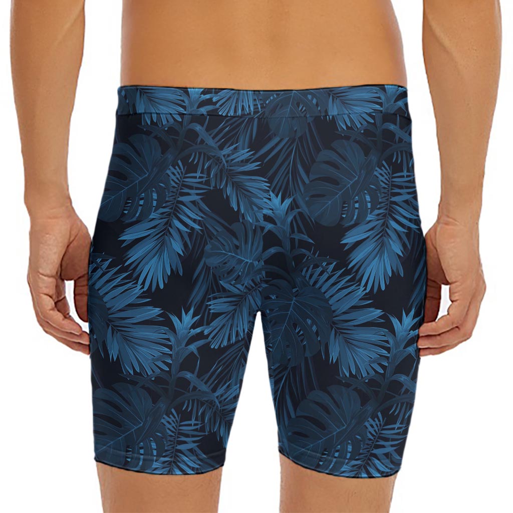 Dark Blue Tropical Leaf Pattern Print Men's Long Boxer Briefs