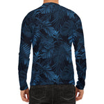 Dark Blue Tropical Leaf Pattern Print Men's Long Sleeve Rash Guard