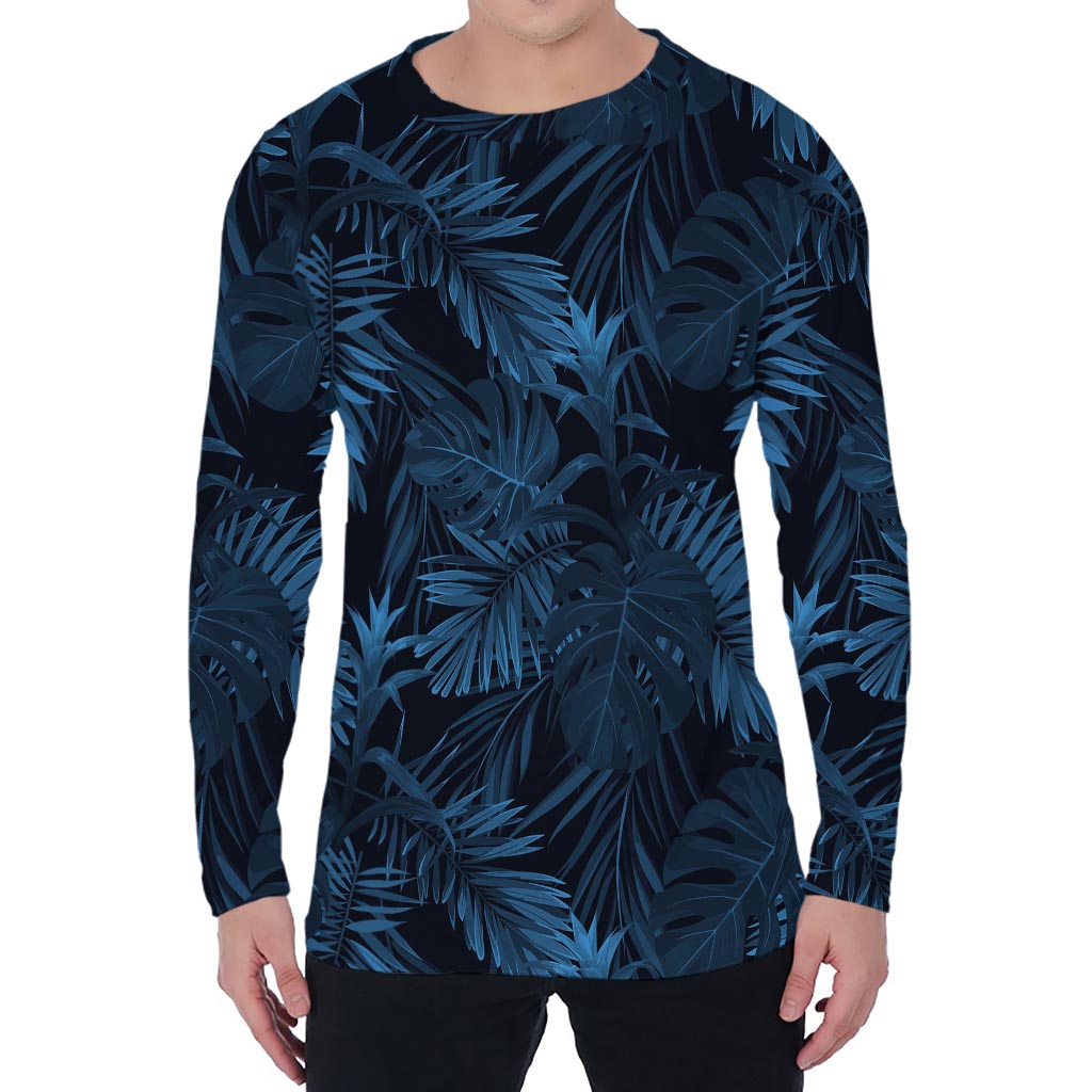 Dark Blue Tropical Leaf Pattern Print Men's Long Sleeve T-Shirt