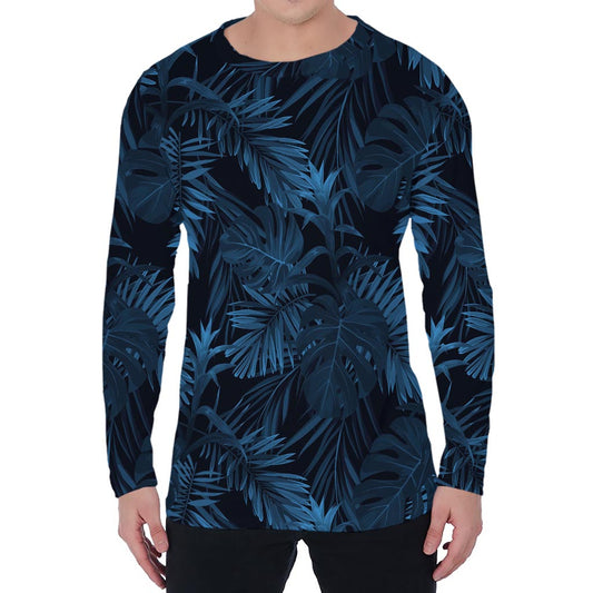 Dark Blue Tropical Leaf Pattern Print Men's Long Sleeve T-Shirt