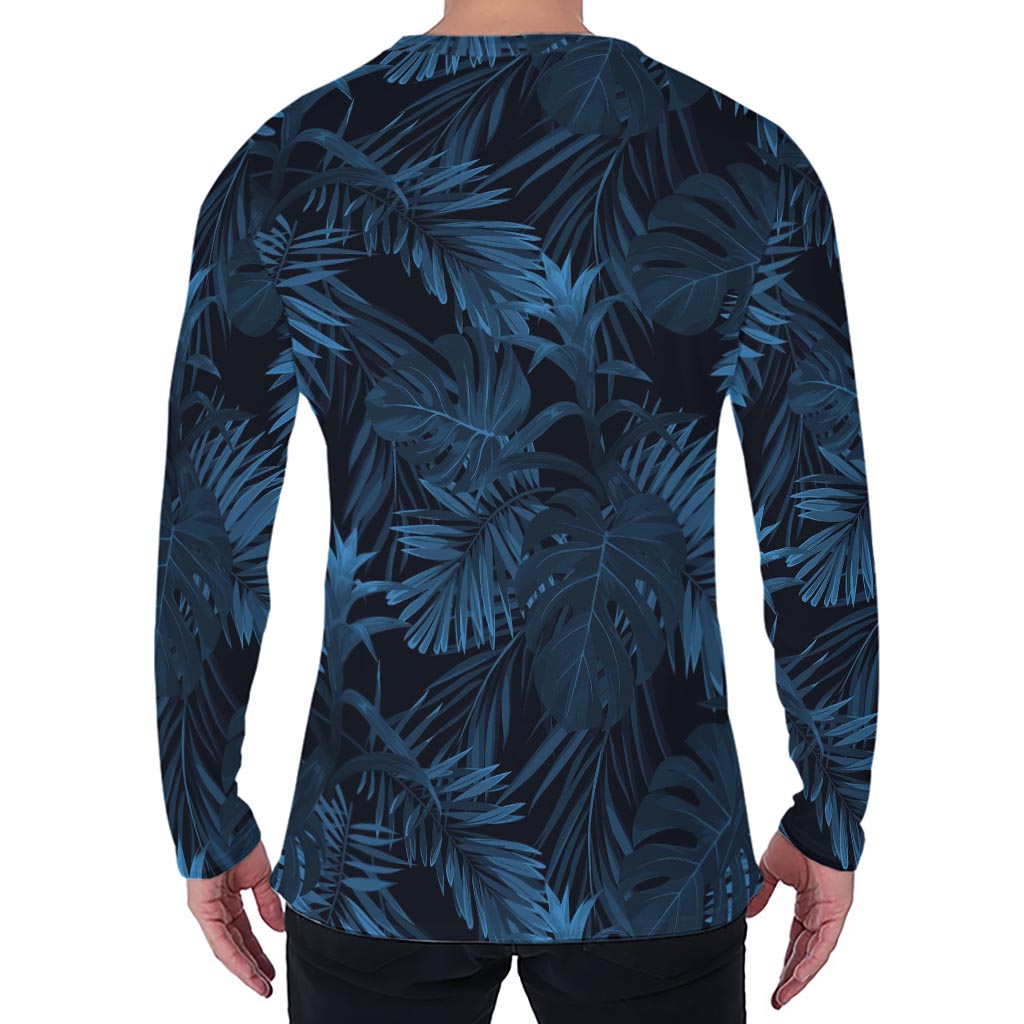 Dark Blue Tropical Leaf Pattern Print Men's Long Sleeve T-Shirt