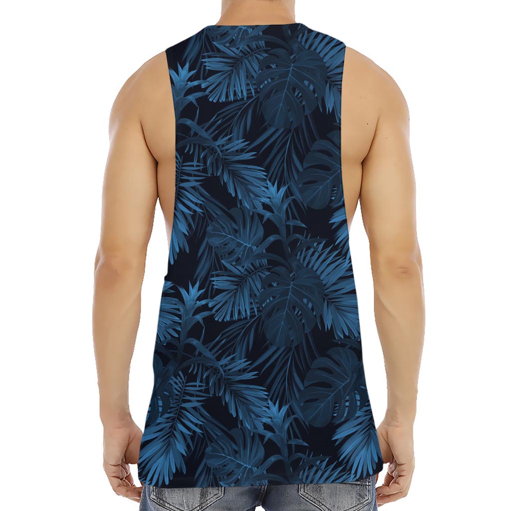 Dark Blue Tropical Leaf Pattern Print Men's Muscle Tank Top