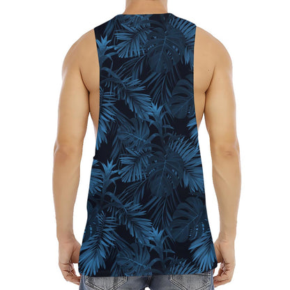Dark Blue Tropical Leaf Pattern Print Men's Muscle Tank Top