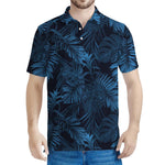 Dark Blue Tropical Leaf Pattern Print Men's Polo Shirt