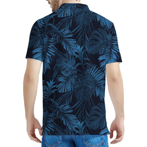 Dark Blue Tropical Leaf Pattern Print Men's Polo Shirt