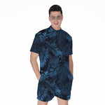 Dark Blue Tropical Leaf Pattern Print Men's Rompers