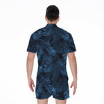 Dark Blue Tropical Leaf Pattern Print Men's Rompers