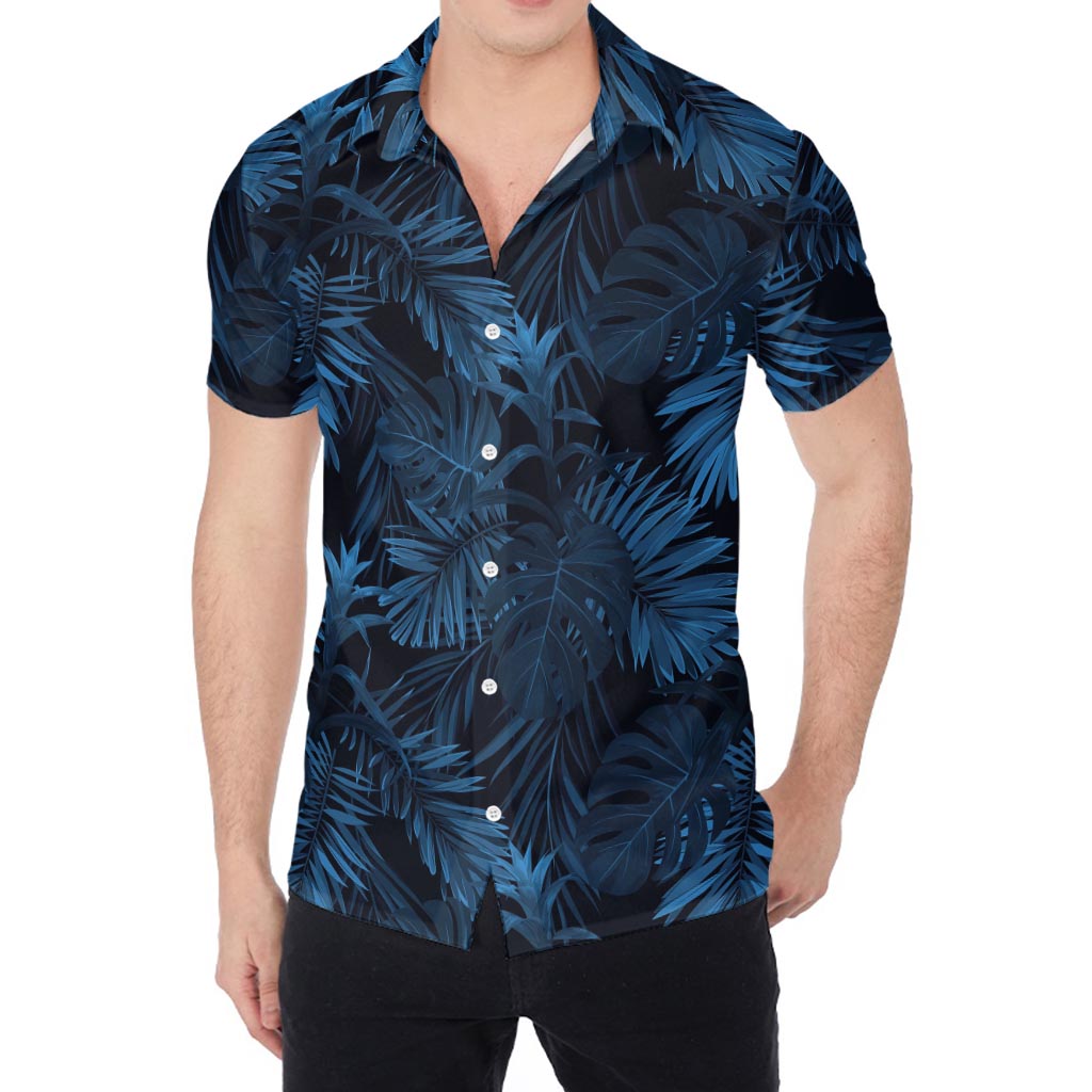 Dark Blue Tropical Leaf Pattern Print Men's Shirt