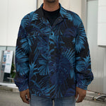 Dark Blue Tropical Leaf Pattern Print Men's Shirt Jacket