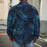 Dark Blue Tropical Leaf Pattern Print Men's Shirt Jacket