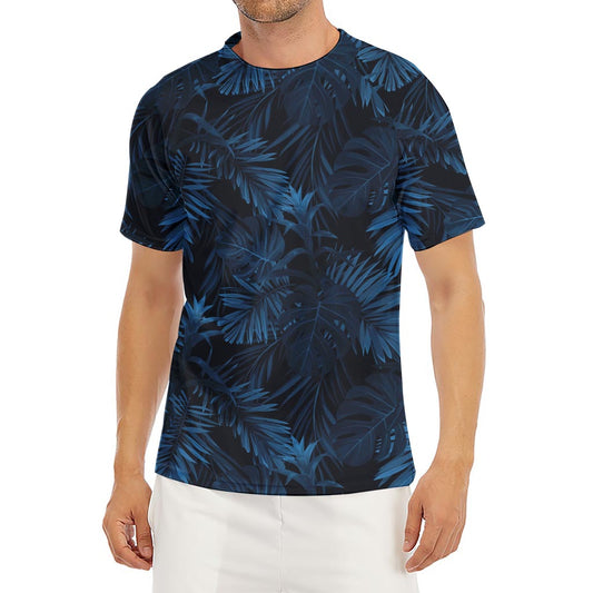 Dark Blue Tropical Leaf Pattern Print Men's Short Sleeve Rash Guard