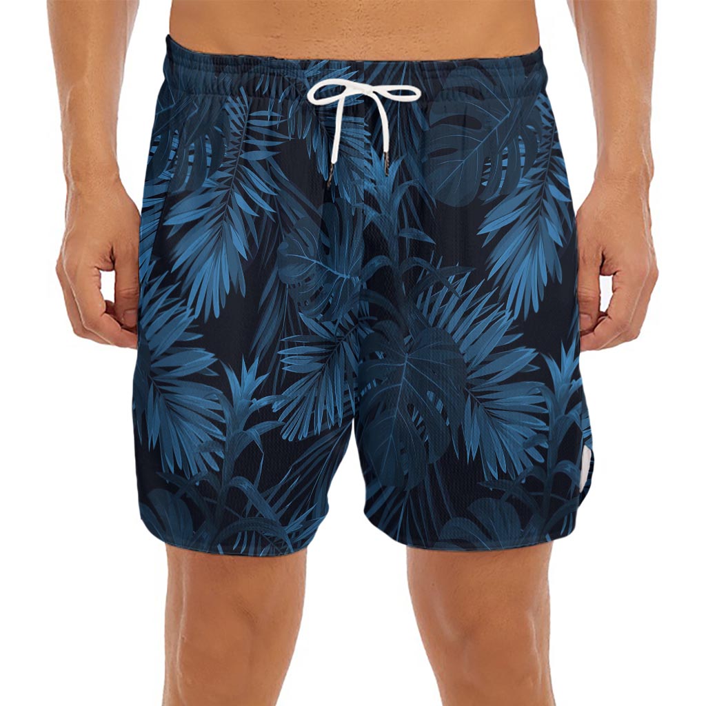 Dark Blue Tropical Leaf Pattern Print Men's Split Running Shorts