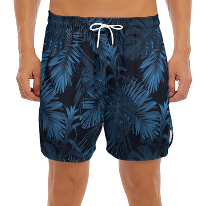 Dark Blue Tropical Leaf Pattern Print Men's Split Running Shorts
