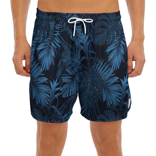 Dark Blue Tropical Leaf Pattern Print Men's Split Running Shorts