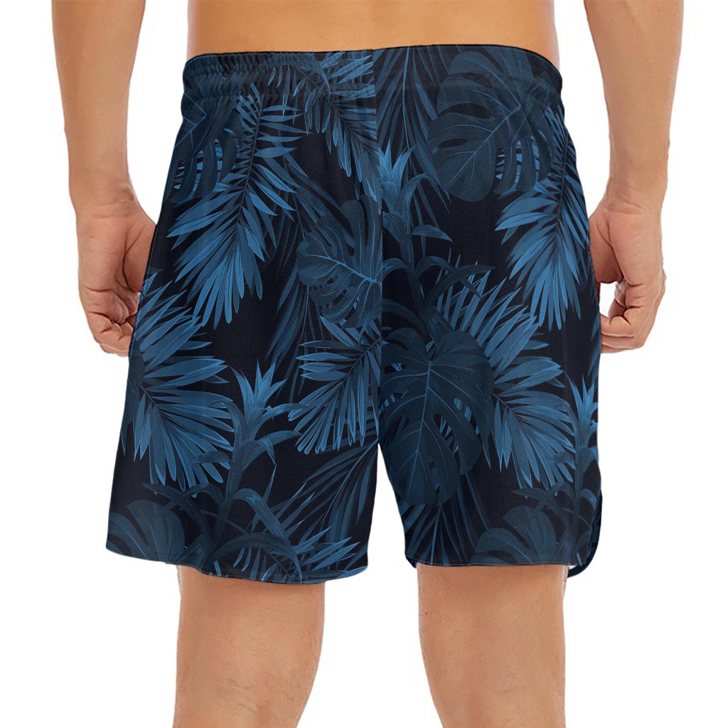 Dark Blue Tropical Leaf Pattern Print Men's Split Running Shorts