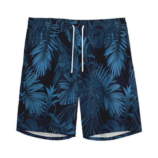 Dark Blue Tropical Leaf Pattern Print Men's Sports Shorts