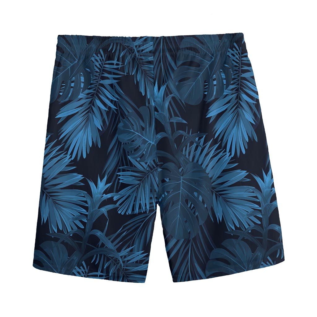 Dark Blue Tropical Leaf Pattern Print Men's Sports Shorts