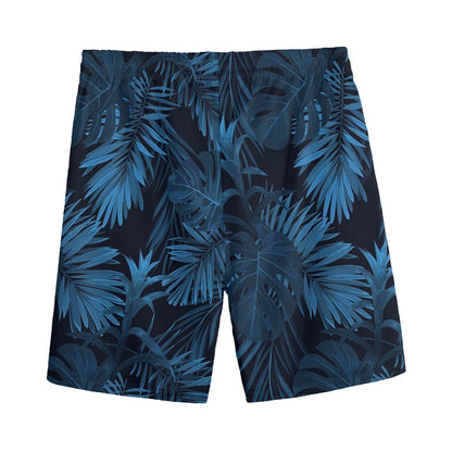 Dark Blue Tropical Leaf Pattern Print Men's Sports Shorts
